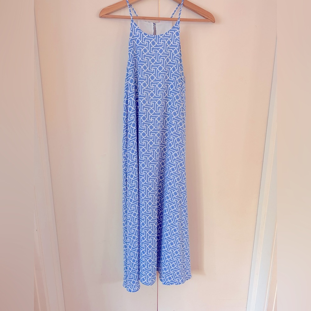Crisp Blue Trellis Print Coastal Trapeze Dress